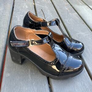 Black T-strap chunky heeled platform Mary Janes, dark academia preppy goth